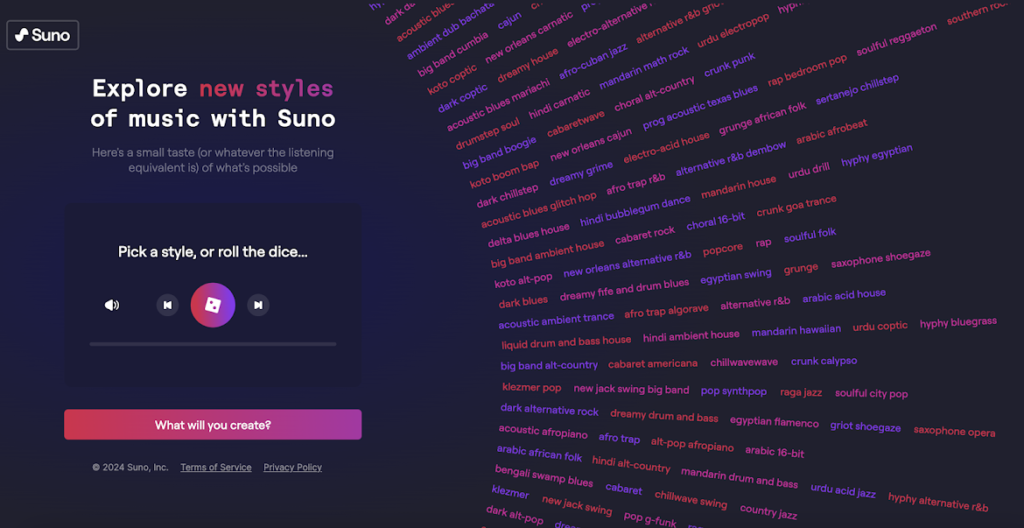Explore New Styles of Music with Suno AI: A Sonic Adventure 1 a screenshot of a music website
