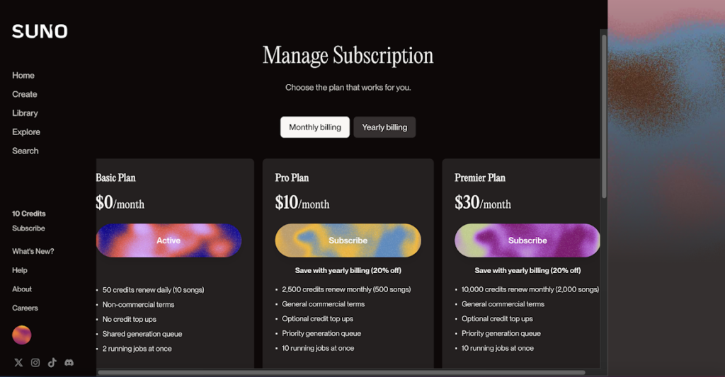 Suno AI Pricing and Subscriptions 2 suno ai monthly pricing
