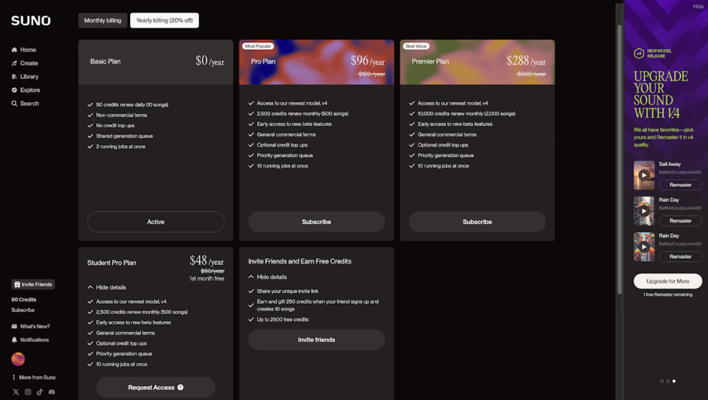 Suno AI Pricing and Subscriptions 4 suno ai yearly pricing