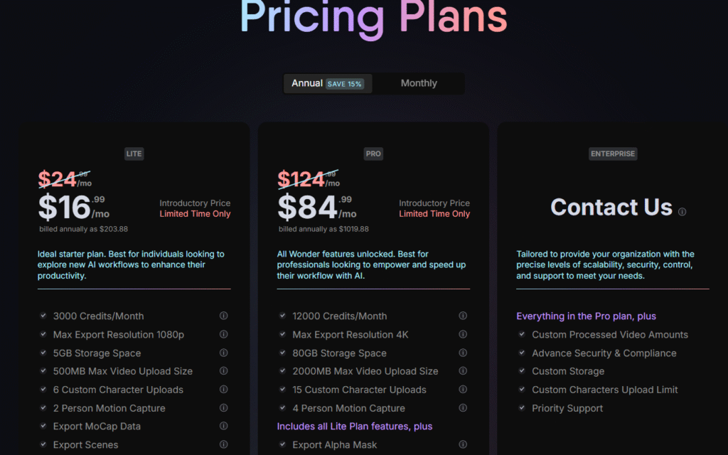 Wonder Studio pricing Wonder Studio pricing